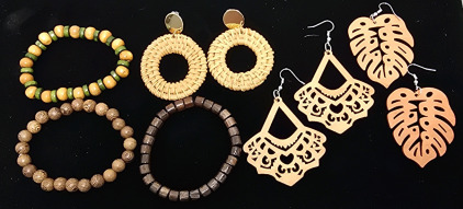 (3) Wood Beaded Bracelets, Woven And Wood Earring Sets