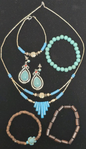 Turquoise Necklace, Earrings And Bracelet, (2) Wood Beaded Bracelets