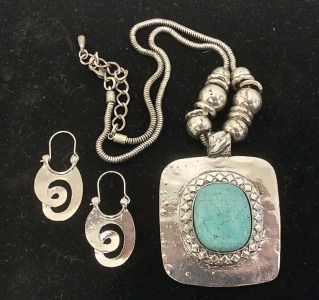 Vintage Style Turquoise And Metal Necklace And Earrings