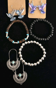 (3) Beaded Bracelets, (2) Fashion Humming Bird Earring Sets, Metal And Turquoise Earring Set