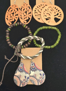 Wood Bead And Woven Bracelets And Dangle Earrings