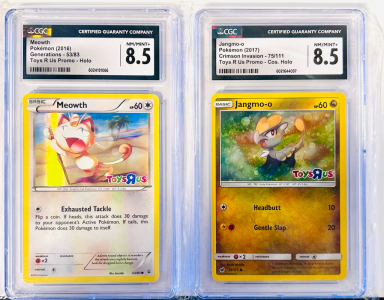 (2) Graded Pok&eacute;mon Cards (Toys R Us Promo (Holos)- 2016 Meowth and 2017 Jamgmo-o Both NM/Mint+ 8.5