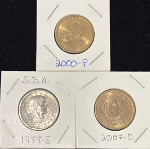 A Sacagawea Dollar Coin From 2000-P (Philadelphia Mint), A Susan B. Anthony Dollar Coin From 1979-S (San Francisco Mint), Presidential Dollar Coin From 2007-D (Denver Mint) Featuring George Washington