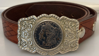 Antique Leather Belt W/ Morgan Silver Dollar Belt Buckle 44&rdquo;