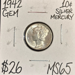 1942 MS65 Gem Silver Mercury Dime