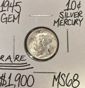 1945 MS68 RARE Gem Silver Mercury Dime