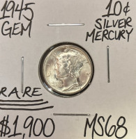 1945 MS68 RARE Gem Silver Mercury Dime