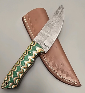 Hand Made Damascus Steel Hunting Knife By Hunting Hawk Inc W/ Leather Sheath
