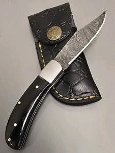 Hand Made Damascus Pocket Knife By Hunting Hawk Inc With Leather Sheath