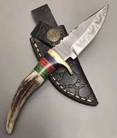 Hand Made Damascus Steel Hunting Knife By Hunting Hawk Inc W/ Leather Sheath
