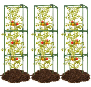 (2) MisiLin 3 Pack Tomato Cage, 47" Plant Stakes Tomato Cages Plant Support Garden Tomato Trellis For Climbing Plants Vegetable Fruit Crop Flower Vine, 2 In 1 Plant Cages & Supports For Vines, (1) Freestanding Garden Hose Holder Hanger, Heavy Duty Metal W