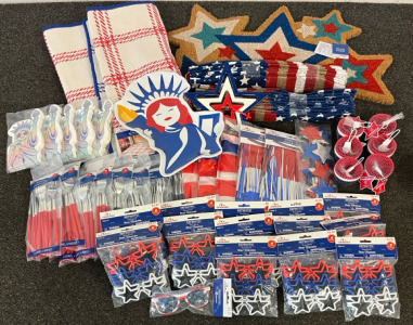 Patriotic Party Supplies Including Rugs, Tablecloths, Silverwear, Sunglasses & More