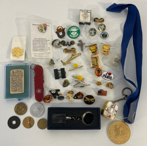 Vintage Pins & Other Items Including Vintage Zippo Lighter, Music Box Keychain, Swiss Army Knife, Coins & More