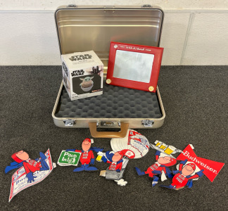 Vintage Budweiser Paper Mascots, Vintage Etch-A-Sketch, Star Wars &ldquo;The Child&rdquo; Figure & Vintage Cushioned Lockable Briefcase