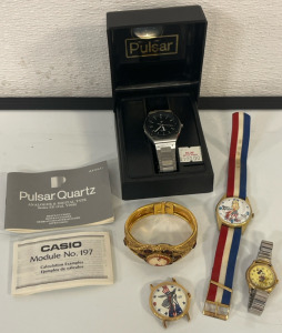 Pulsar Quartz Watch, Vintage Rhinestone Hidden Watch Bracelet, Spiro Agnew Watch, Minnie Mouse Watch & Political Donkey Watch Face