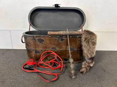 Storage Trunk, Like New Jumper Cables, Racoon Hat, And Vintage Auger Tool. (Trunk 30"x 12"x 16")