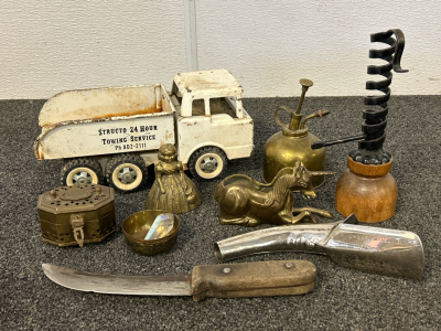 Vintage Metal Truck (Structo 24 Hour Towing Service), Brass Collectibles, Knife, Lube Spout J-Mark Model No. 1, And More