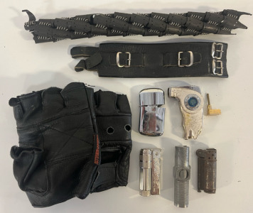 (5) Antique Camel Lighters & Zippos, Leather Fingerless Gloves, Leather Bracelet & Non-Disintegrating Ammunition Belt Likely From German MG34 Or MG42 Machine Gun From WWII
