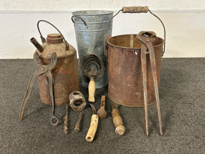 Antique Metal Cans, Curry Comb And Tools