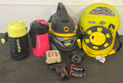 Stinger Wet/Dry Vacuum, Extension Cord Reel, Ryobi Gasoline Pressure Washer Attachment, (2) Igloo Water Bottles, Hunting Animal Call Box & Snap On Drill W/ (2) Batteries & Charger