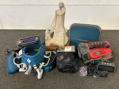 Digital Postal Scale, (2) Wiz Kid Harnesses, Statue, Kenwood Car Stereo And Husky Lamp