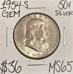 1954-S MS65 Gem Silver Franklin Half Dollar