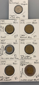 (7) Foreign Coins With Labels Including 1981 Switzerland Rappen Copper Nickel, 1985 Mexico Pesos Brass, 2005 Dominican Republic Brass Pesos, And More