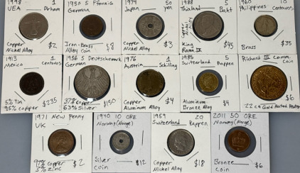 World Coin Collection Lot &ndash; 15 Foreign Coins With Labels | Rare & Vintage | Mixed Metals & Countries