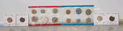 1946-45 Rare Red Copper Wheat Penny, 1955 Wheat Penny Copper Coin, 1954-55 Roosevelt Silver Dime, 1990 Lincoln Penny Errored, (2) Uncirculated Sets Year 1969