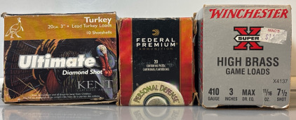 (3) Box Ammo Lot &ndash; 20GA & .410 Shotgun Shells &ndash; Turkey, Defense, & Game Loads