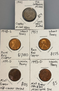 Rare U.S. Coin Collection &ndash; Wheat Pennies, Mint Errors & 1941 Jefferson Nickel