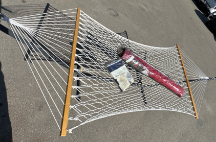 Net Hammock w/Stand, Castaway Red Quilted Hammock, 9&rsquo; Blue & White Stripped Umbrella Canopy (Just Material)