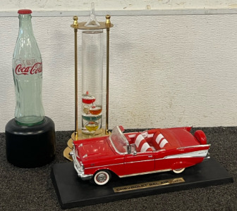 Diecast Model of a 1957 Chevrolet Bel Air convertible, Galileo Thermometer & Coca-Cola Bottle Light