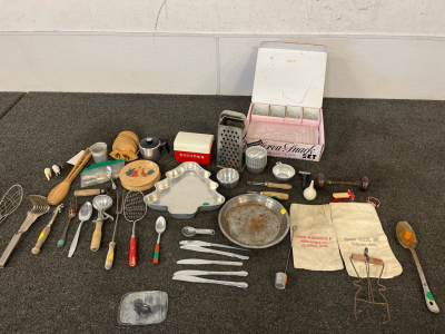 Antique Spoons, Potato Peelers, Christmas Tree Cake Pan, Antique Cheese Grater And Much More!!!