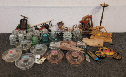 (15) Glass Insulators, (2) Pink Depression Glass Chicken Waterer Bases And (4) Clear Ones, Vintage Cast Metal Decorations, And More
