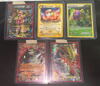 (5) Super Rare Pokemon Cards Including; 8/108 Reverse Holo Dustox, 151/160 Primal Groudon EX Full Art Holo, 34/105 Dark Flaaffy Neo, & More