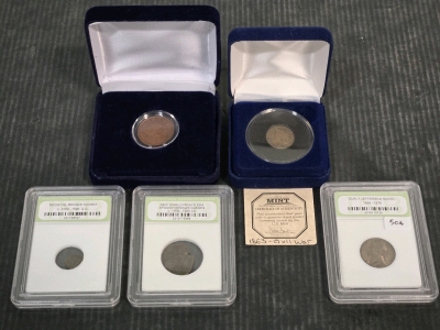 Assorted Vintage & Ancient Currency: (2) 1863 Civil War Indian Head Coins, Medieval Bronze Nummis, Pirate Era Nummis, 1938 Jefferson Nickel