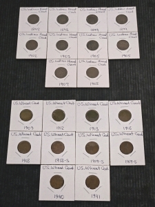 (10) US Indian Head Pennies 1895-1908 & (10) US Lincoln Head Wheat Pennies 1909-1941