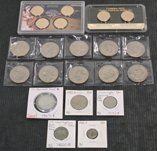 Assorted US Coins: 2007 Presidential Mint $1 Proof Set, 2010 Native American Dollar Set UNC, (1) 1907-P US Barber Half Dollar Coin, (10) Silver Dollar 1971-1978 Coins, & More!