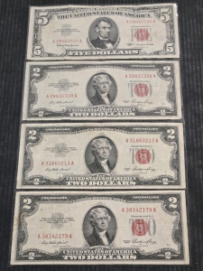 (3) 1953 Red Seal 2 Dollar Bills & (1) 1963 Red Seal 5 Dollar Bill