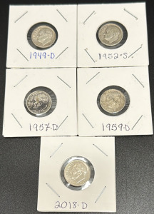 Roosevelt Dime Set, 1949-D, 1952-S, 1957-D, 1959-D, 2018-D
