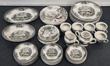 Full Set of Vintage 1950s Meadows Japan Ceramic Porcelain Plates, Bowls, & Cups / *High Value Set* +$200 Value! & (3) "Dickens Coaching Stages" by W.H. Grindley Plates Made in England