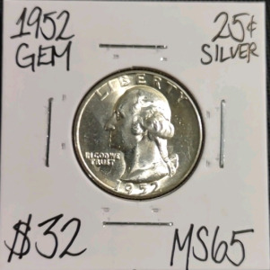 1952 MS65 Gem Silver Washington Quarter