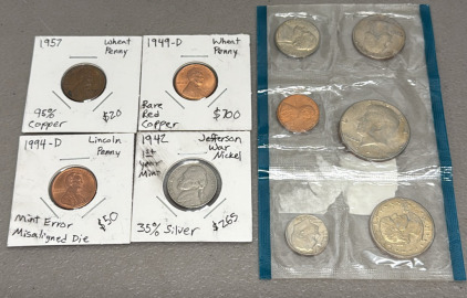 1949-D Rare Red Copper Wheat Penny, 1942 Jefferson War Nickel, 1994-D Error Penny