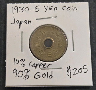 1930 5 Yen Coin Japan 10% Copper 90% Gold