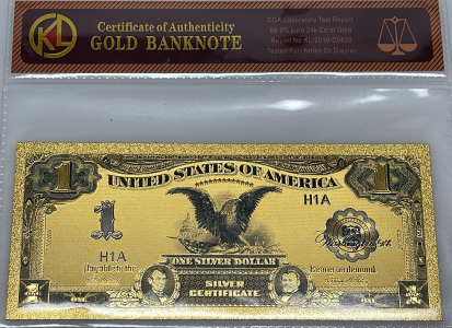 24k Gold-Plated $1 United States Banknote, Certificate KL/2016/C0520