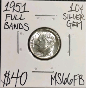 1951 MS66FB Full Bands Gem Silver Dime
