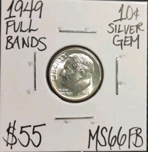 1949 MS66FB Full Bands Gem Silver Dime