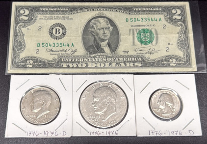 U.S. Bicentennial Coin Set & 1976 $2 Bill, Kennedy, Washington, Eisenhower