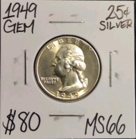 1949 MS66 Gem Silver Washington Quarter